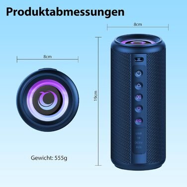 Bluetooth колонка 2026 з RGB підсвіткою, портативна, водонепроникна IP7, 20 годин роботи, з мікрофоном, для спорту, саду, вулиці - блакитна