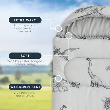 Спальний мішок Wake In Cloud для хлопчиків та малюків: 3 сезони, кемпінг, подорожі, 61″x26″, динозавр, сірий