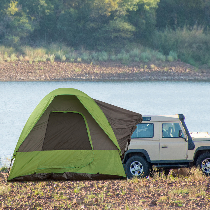 Намет Outsunny для кемпінгу/автонамет на 4-5 осіб, розміром 300 x 300 x 230 см, з використанням скловолокна та поліестеру, зелений колір, ідеально підходить для активного відпочинку на природі.