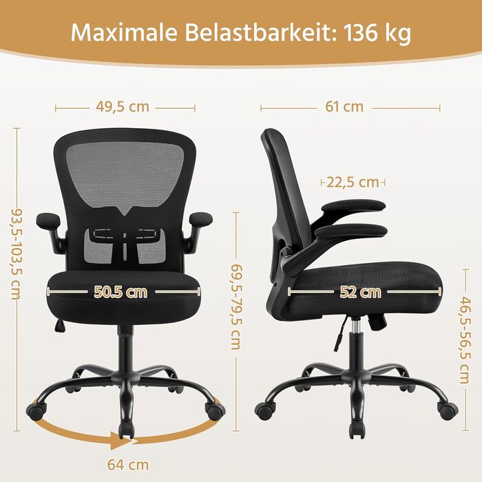 Офісне крісло Yaheetech з підйомними підлокітниками, регульованою підтримкою попереку, сітчасте крісло, ергономічне, з функцією гойдання, регульоване по висоті, чорне