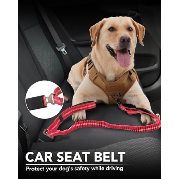 Тактична повідок для собак Joytale, еластична повідок з двома зручними ручками, страхувальний ремінь для автомобіля, повідок без ривка для собак середніх, великих та екстра-великих порід (1.2м-1.8м, червона)