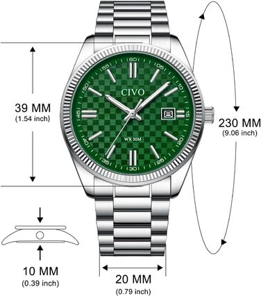 Чоловічий годинник CIVO з нержавіючої сталі: аналоговий бізнес-годинник з датою, що світиться - водонепроникний для роботи та відпочинку - стильний подарунок для чоловіків (сріблястий, зелений)