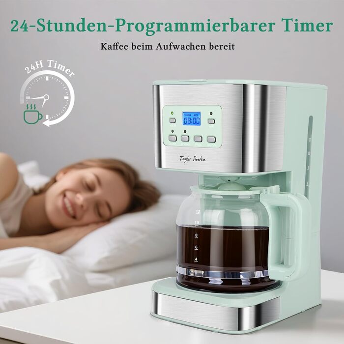Кавомашина Taylor Swoden Darcy 950W з таймером, 1.5л, 12 чашок, автоматичне відключення, захист від протікання, багаторазовий фільтр, BPA-free, зелена