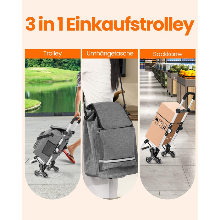 Складаний візок для покупок Homecall 50L з охолодженням, 3-в-1: візок, сумка на колесах, тачка (темно-сірий, сходинкові колеса)
