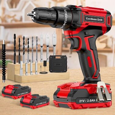 Акумуляторний шуруповерт BETENST 21V з 2 акумуляторами 2.0Ah, 42Nm, 25 моментів, 2 швидкості, LED-ліхтик, 30-ти елементний набір для дому та саду, DIY проєкти