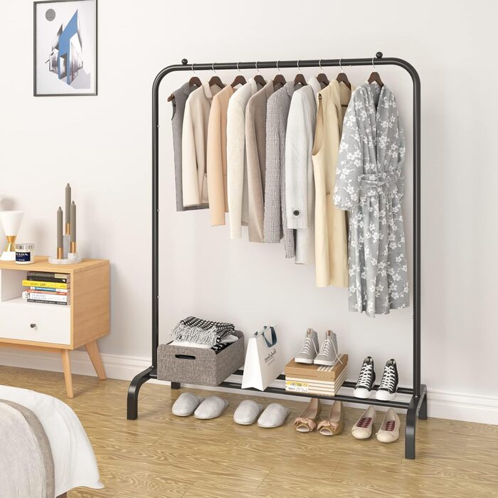 MOYIPIN Metal Clothes Rack, Single Rod Portable Clothes Hanger Rack for Hanging Clothes, Clothes Rack for Bedroom, Balcony 110.5 cm, White (Black)