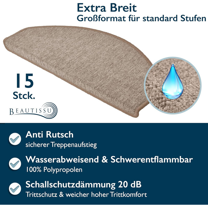 Beautissu Non-Slip Stair Treads - 55x15 cm - 15 Pack - Self-Adhesive Indoor Stair Mats - Carpet Stair Treads for Narrow Stairs - ProStair - Sand Color