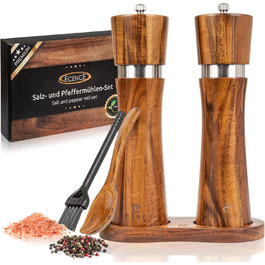 Набір з 2 мельниць для солі та перцю Ecence Holz з акації з керамічним механізмом, пензлик та підставки в комплекті