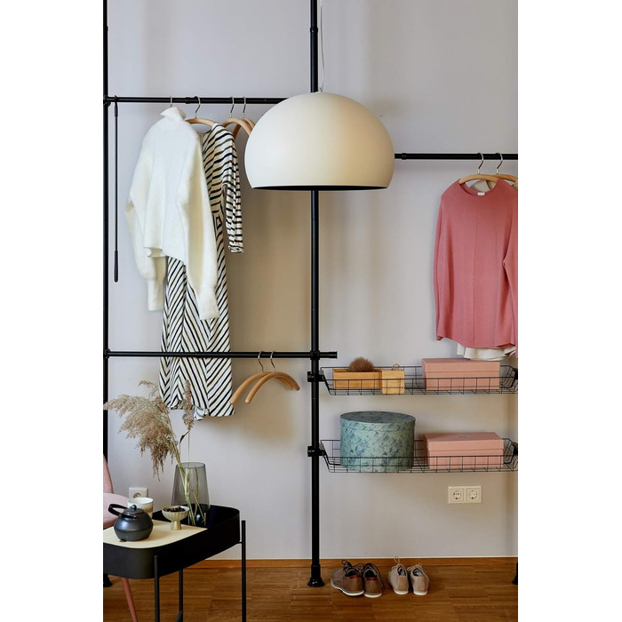 WENKO Telescopic System Hercules Duo, 3 Clothes Rails, 2 Storage Baskets, Extendable, Powder-Coated Metal, 164-215 x 165-300 x 38 cm, Matte Black