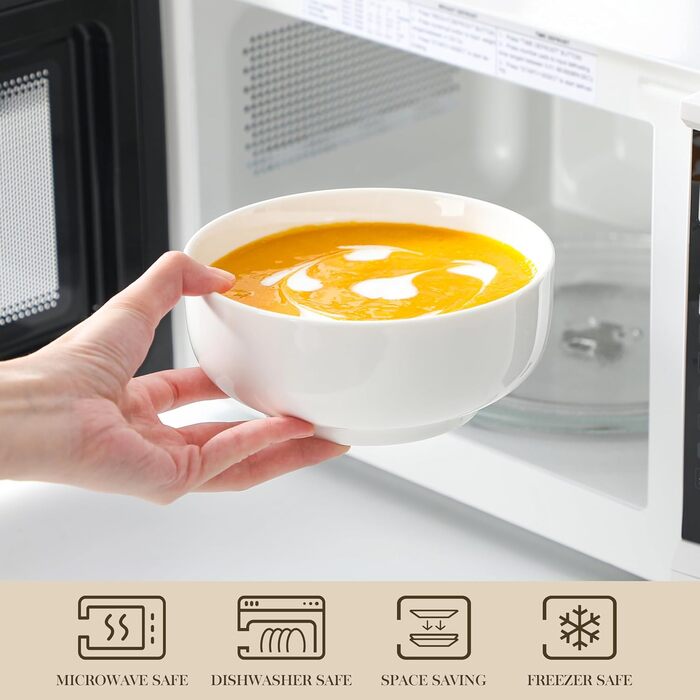 Набір з 4 великих порцелянових мисок MALACASA, 800 мл, для мюслі, супу, рамену, білий