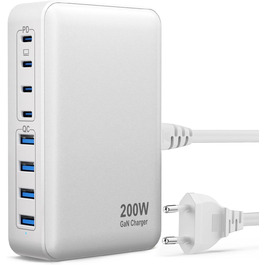 Зарядний пристрій USB-C 200W, 8 портів, GaN адаптер для MacBook Air/iPad/iPhone 15/16/Galaxy S23 - Білий