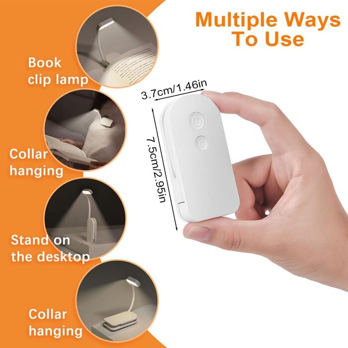 LED лампа для читання з кліпсою, USB перезаряджувана, 3 режими яскравості та колірної температури, гнучка на 360°, біла