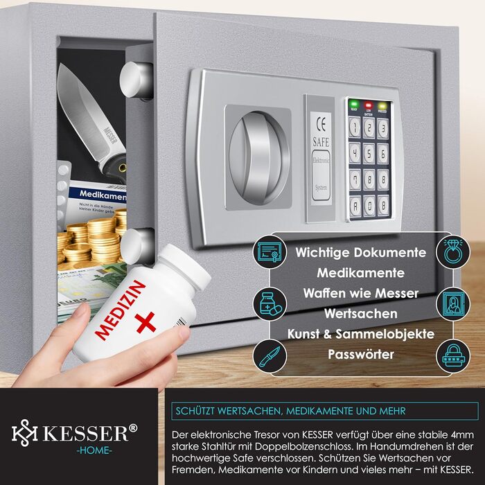 Електронний сейф KESSER® 31x20x20 см зі світлодіодним дисплеєм, подвійним ригелем, кріпленням для стіни та меблів, внутрішнім освітленням, сріблястий