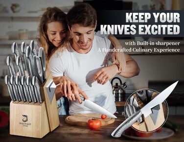 Dragon Riot 14-Piece Self-Sharpening Knife Set with Block - Professional Japanese Stainless Steel Kitchen Knives, Ergonomic Grip, 30cm