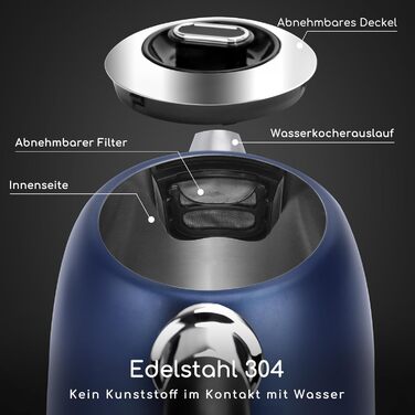 Електричний чайник Aigostar з регулюванням температури, 1,7 л, ретро-дизайн, матове покриття, цифровий дисплей, функція підтримки тепла, без пластику всередині, BPA-free (темно-синій)