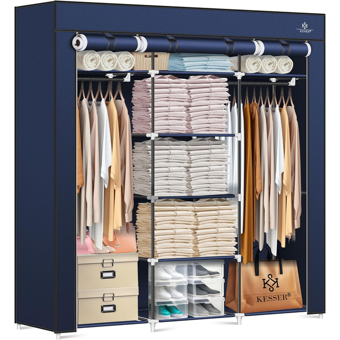 KESSER® Wardrobe Clothes Closet Stable with Clothes Rail & Shelves, Incl. 5x Clothes Hangers, Fabric Folding Closet for Bedroom, Dressing Room Wardrobe with Clothes Rack 150x45x175cm Navy Blue
