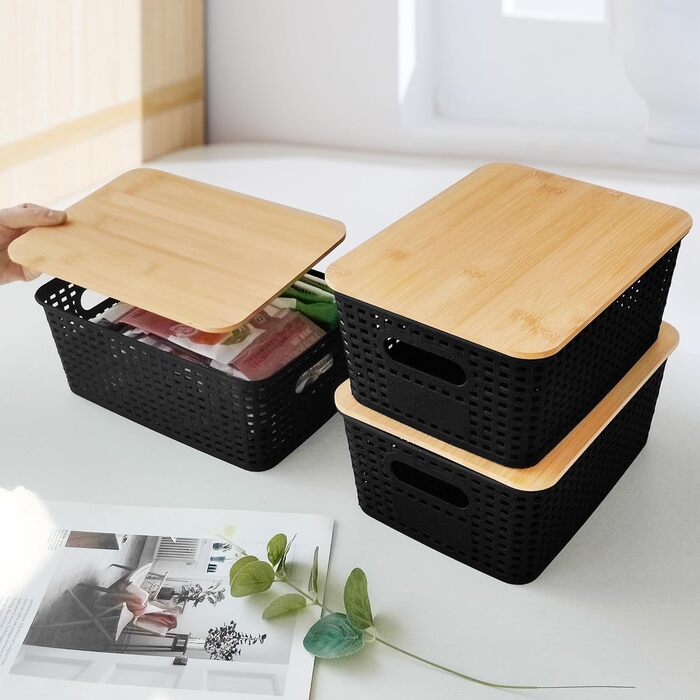 Storage Box with Bamboo Lid Small 3 Pack 5L Storage Box Bathroom Box with Lid Black Bathroom Organizer 25x18x10cm Plastic Box Kitchen Storage Boxes Baskets Containers Stackable Boxes