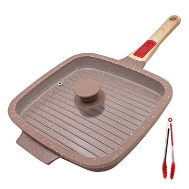 Гриль-сковорода з кришкою 26x24 см з керамічним антипригарним покриттям, знімною ручкою (Коричнева)