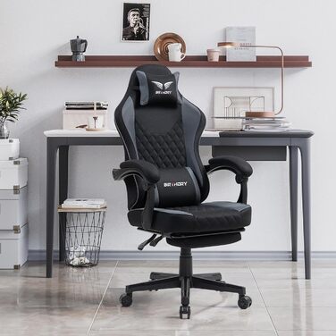 Геймерське крісло Racing Ergonomic Stoff – чорно-сіре з підставкою для ніг та регульованою спинкою (135°)
