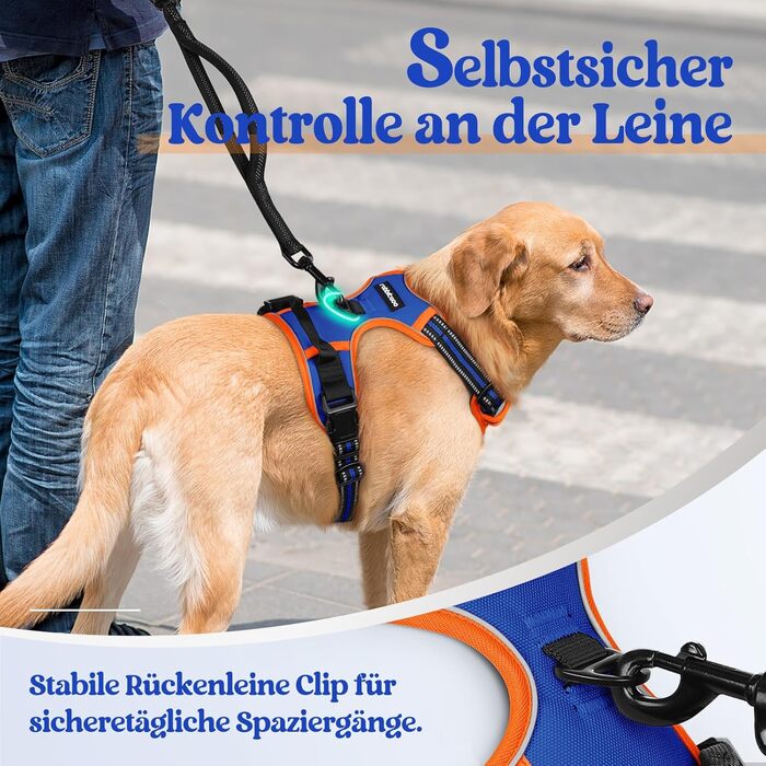Нашийник для собак Rabbitgoo середнього розміру, анти-тяга, регульований, для великих собак, дихаючий, світловідбиваючий, безпечний, L (Блакитний+Помаранчевий, XL (1 шт.))