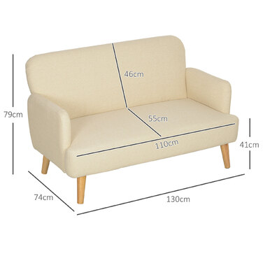 HOMCOM 2-Seater Sofa, Compact Design, Skin-Friendly Fabric, Up to 240 kg Capacity, 130x74x79 cm, Cream White