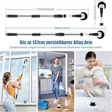 Електрична щітка для чищення Spin Scrubber бездротова, з 8 насадок, регульована ручка для ванної, кухні, авто та підлоги