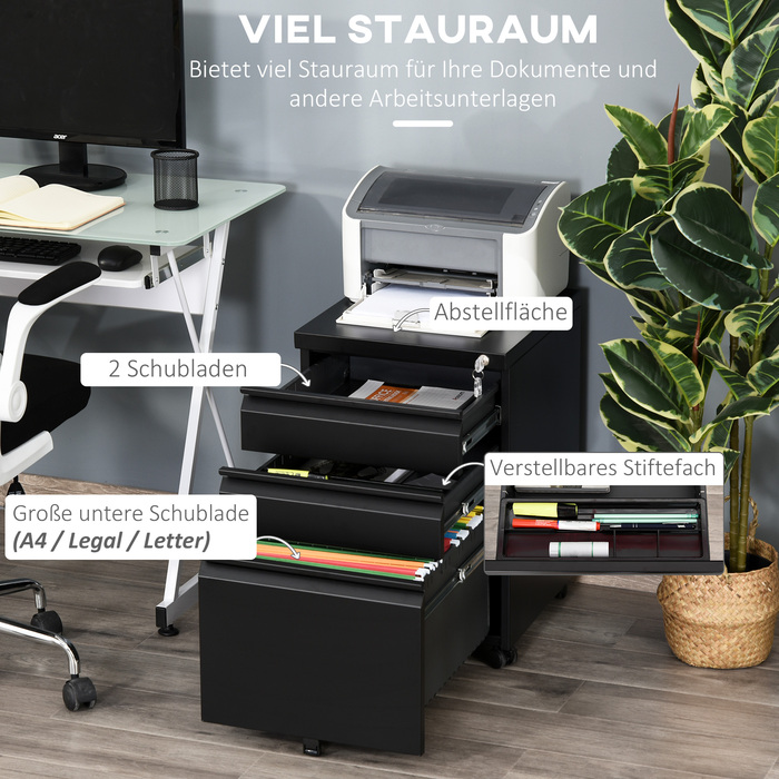 Vinsetto Rolling File Cabinet with 3 Drawers and Wheels, Concave Handle, Steel, Black for Office & Home Office