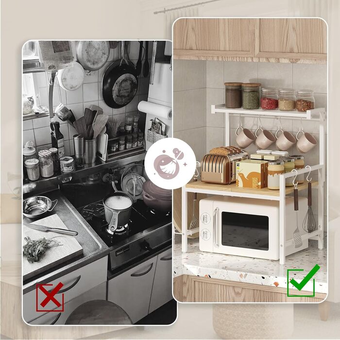 Поличка для мікрохвильової печі, кухонна поличка, 2 яруси, з підставкою для обробної дошки, органайзер з 8 гачками, коричнева, ABRBN5301