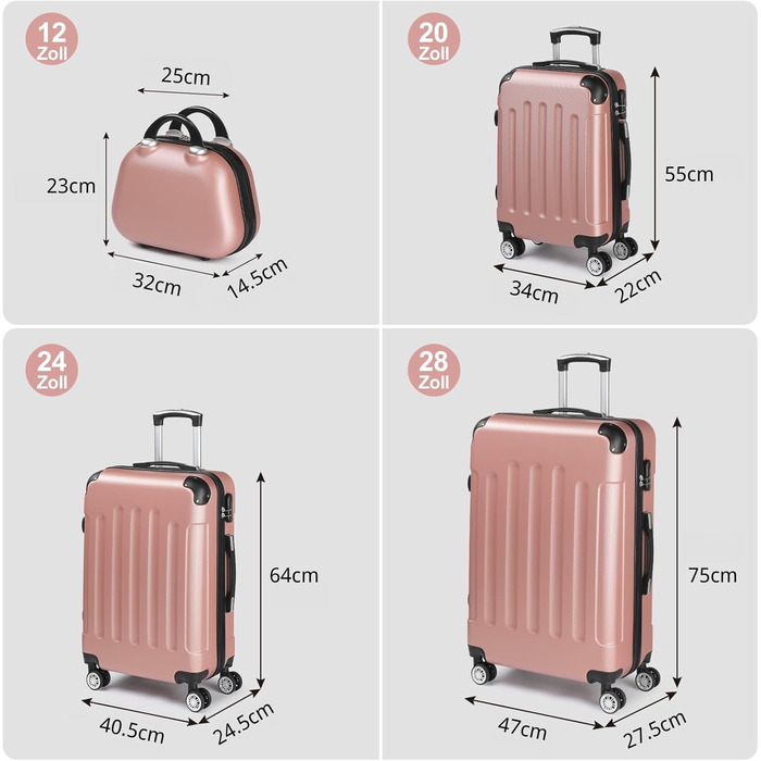 Набір валіз LALAHO 4 шт. з косметичками, рожеве золото, ABS, для подорожей