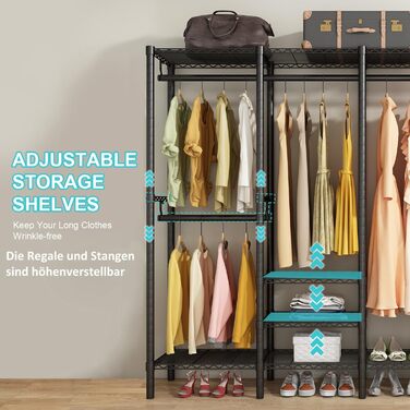 KZOBYD Clothes Rack, Coat Rack with 6 Height-Adjustable Shelves, Clothes Rail with 4 Hanging Compartments, Plenty of Space, for Bedroom, Living Room (Black)