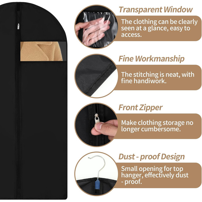 4 місткі мішки для одягу, 120 x 60 см, чорні, з блискавкою, для зберігання одягу та захисту від пилу