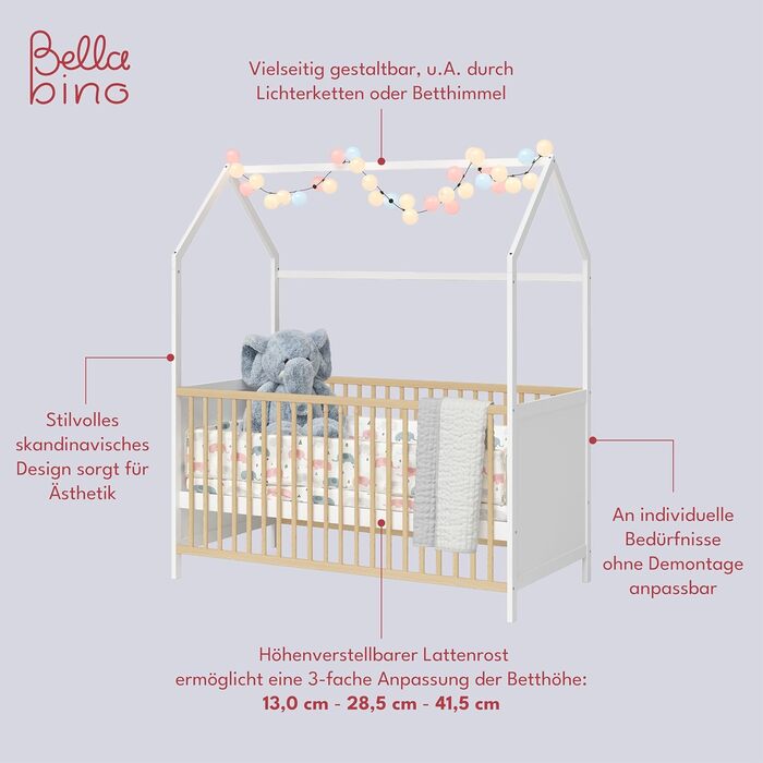 Bellabino Nika Babybett in Hausoptik 70 x 140 cm, crib and house bed for children and babies made of solid pine wood in blue, 3-fold height adjustable including slatted base.