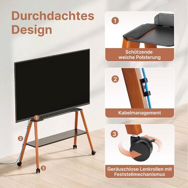 Підставка для телевізора ECOTINY на колесах для 49-75 дюймів, до 40 кг, Easel Design, металева конструкція та полиця з дерева, чорна