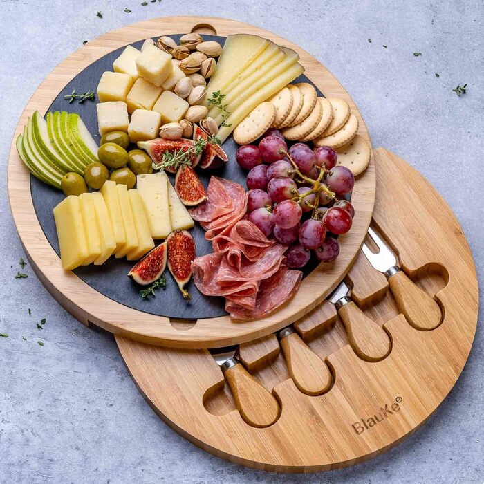 Bamboo Cheese Board with Cheese Knife Set and Slate Plate – Wooden Serving Platter for Cheese and Appetizers – 30cm Rotating Cheese Board – Round Serving Board – Cheese Board Charcuterie Board