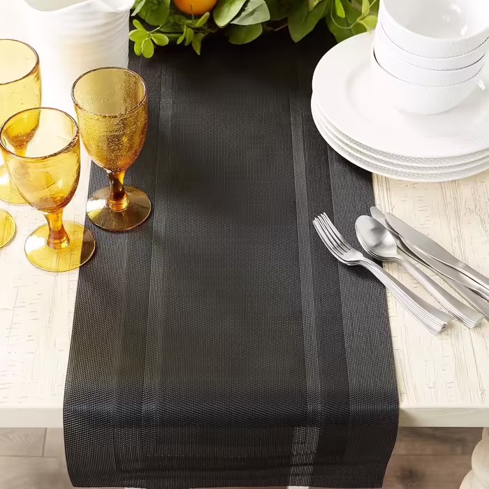 DII PVC Tablecloth Collection - Woven for Indoors and Outdoors, Polyvinyl Chloride, Black, Table Runner, 14x72