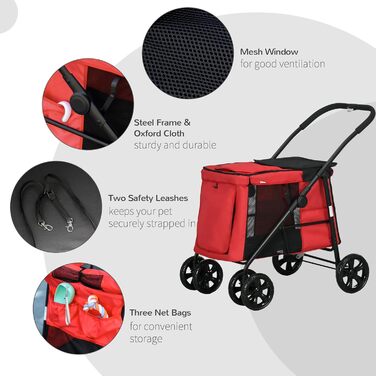 Дитяча візок для тварин PawHut: зручний, з гальмом, 600D Oxford, сталь, 102 x 62 x 105 см, червоний