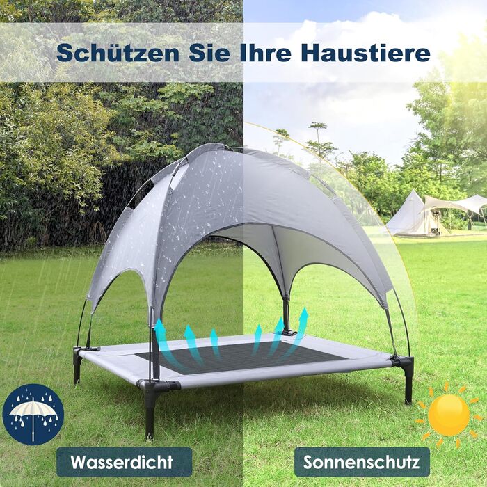 Підвищене ліжко для собак з балдахіном, Outdoor, для кемпінгу та пляжу, XL (122 x 92 x 102 см), водонепроникний дах, дихаюча тканина