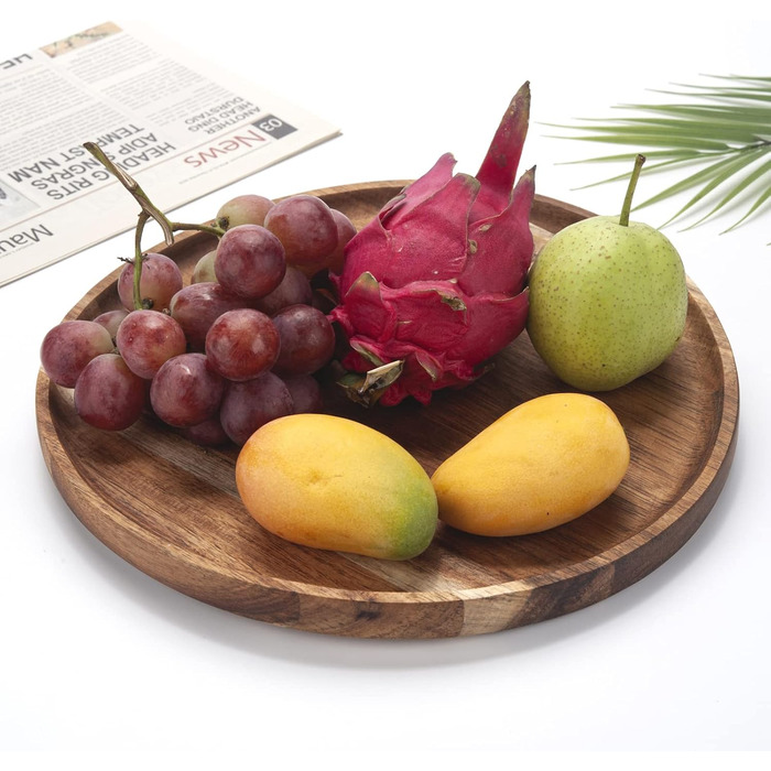 Round Wooden Tray, Acacia Wood Serving Tray, Serving Platter, Appetizer Charcuterie Board, Tray Organizer for Kitchen/Countertop, 35.1 x 35.1 x 2 cm