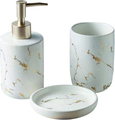 Набір аксесуарів для ванної кімнати FülleMore з кераміки, люкс, імітація мармуру, 3 шт. (мильниця, дозатор мила, стакан для зубної пасти, білий)