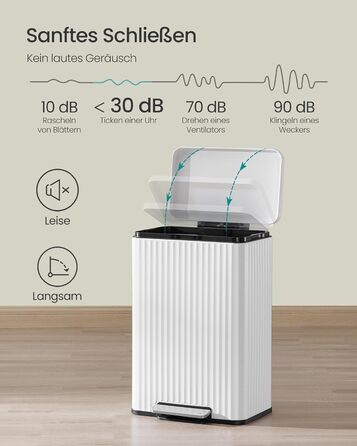 Відро для сміття SONGMICS з педаллю 50л, сталь, з кришкою Softclose, знімний внутрішній відро, білий (LTB586LZ02) + 15 пакетів для сміття