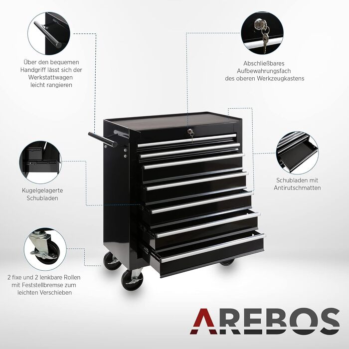 Arebos 7-Drawer Tool Cart with Central Lock