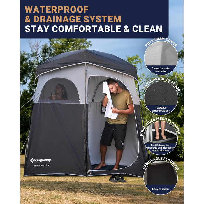 Намет для душу KingCamp великого розміру для кемпінгу, переодягання, приватність, чорний/сірий, 200 x 105 x 203 см