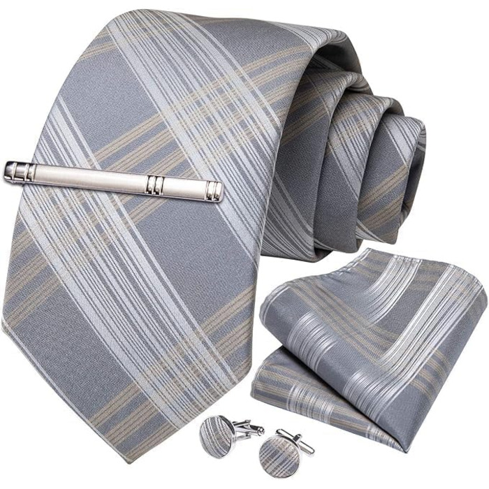 Набір краваток чоловічий DiBanGu з шовковим смугастим та клітинчастим малюнком, з нагрудною хустиною, запонками та краваткотримачем для весілля та офіційних заходів (світло-сірий у клітинку)