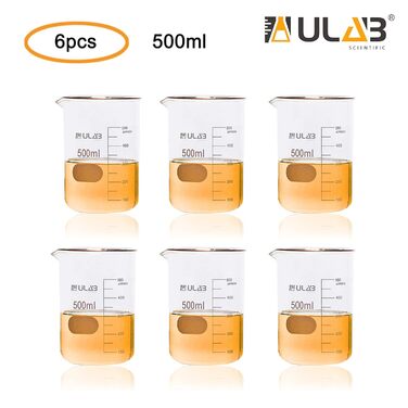 6 Pieces Berker 500ml Glass Beakers, Borosilicate Glass Beaker with Graduations, Glass Beaker Set for Laboratory, Kitchen, School UBG1038