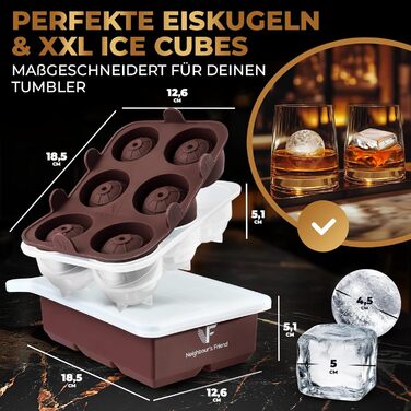 Neighbour's Friend Patented Ice Sphere Mold with Large Ice Cube Shape - XXL Ice Cube Molds for Whiskey, Rum & Cocktails - 6x Ice Spheres & 6x Ice Cubes Platinum Silicone - Dishwasher Safe
