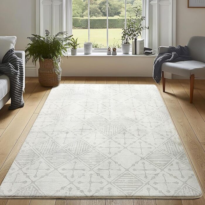 Килим Leesentec для вітальні, спальні: геометричний, сучасний, антиковзаючий, короткий ворс, бежевий, великий, білий (слонова кістка, 80*120 см), кремовий/світло-сірий білий (160x200 см, прямокутний)