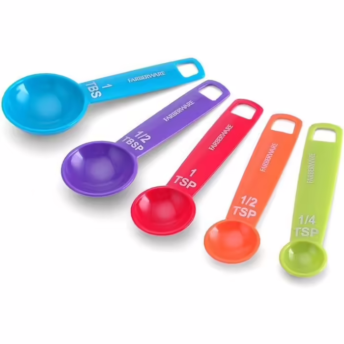 Farberware 5-Piece Measuring Spoon Set, perfect for measuring wet and dry ingredients, includes a detachable ring for optimal storage and organization, dishwasher safe, assorted.