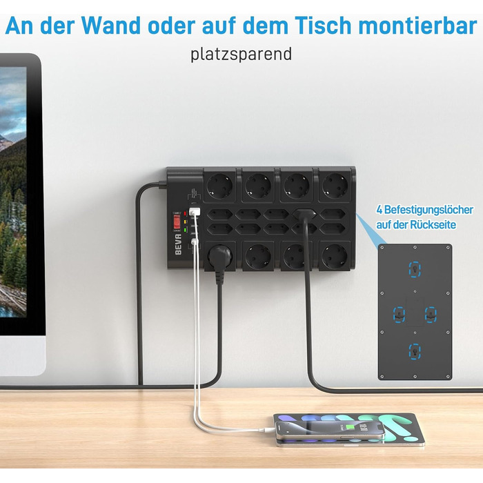 Мережевий фільтр BEVA з 18 розетками, 3680W/16A, захист від перенапруги 2100J, 2 USB-C (15W) + 4 USB-A, з вимикачем, для офісу та дому