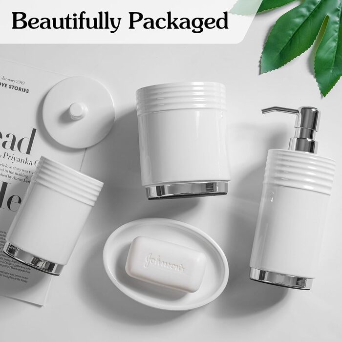 Набір аксесуарів для ванної кімнати з діамантами: органайзер для зубних щіток, дозатор мила, стакан для зубних щіток, мильниця, контейнер для ватних паличок, 5 шт., білий з металевим цоколем