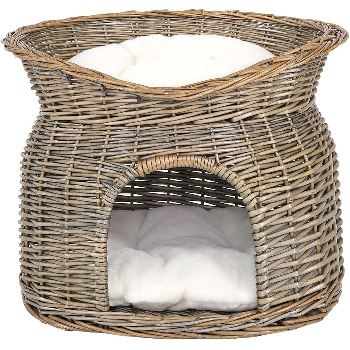 Лежак-корзина для котів і малих собак lionto, 55x39x43 см, з 2 м'якими подушками, екологічна сіра котяча корзина з лози, сучасна будка з білими подушками